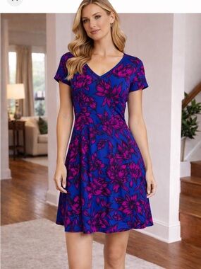 Banana Republic Blue Dress with Magenta Floral Print